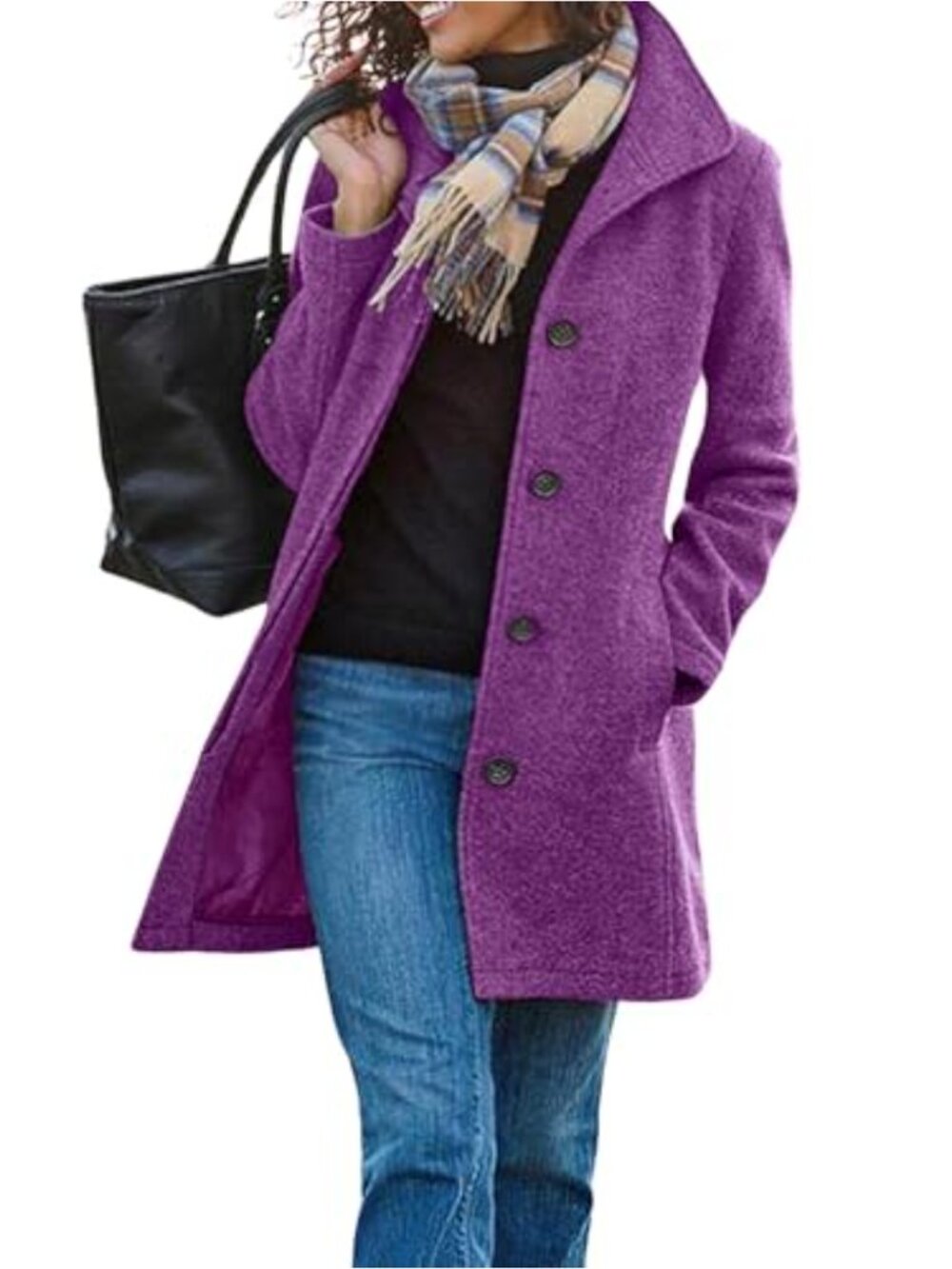Women's Wool Blend Pea Coat Single Breasted Stand Collar Winter Overcoat